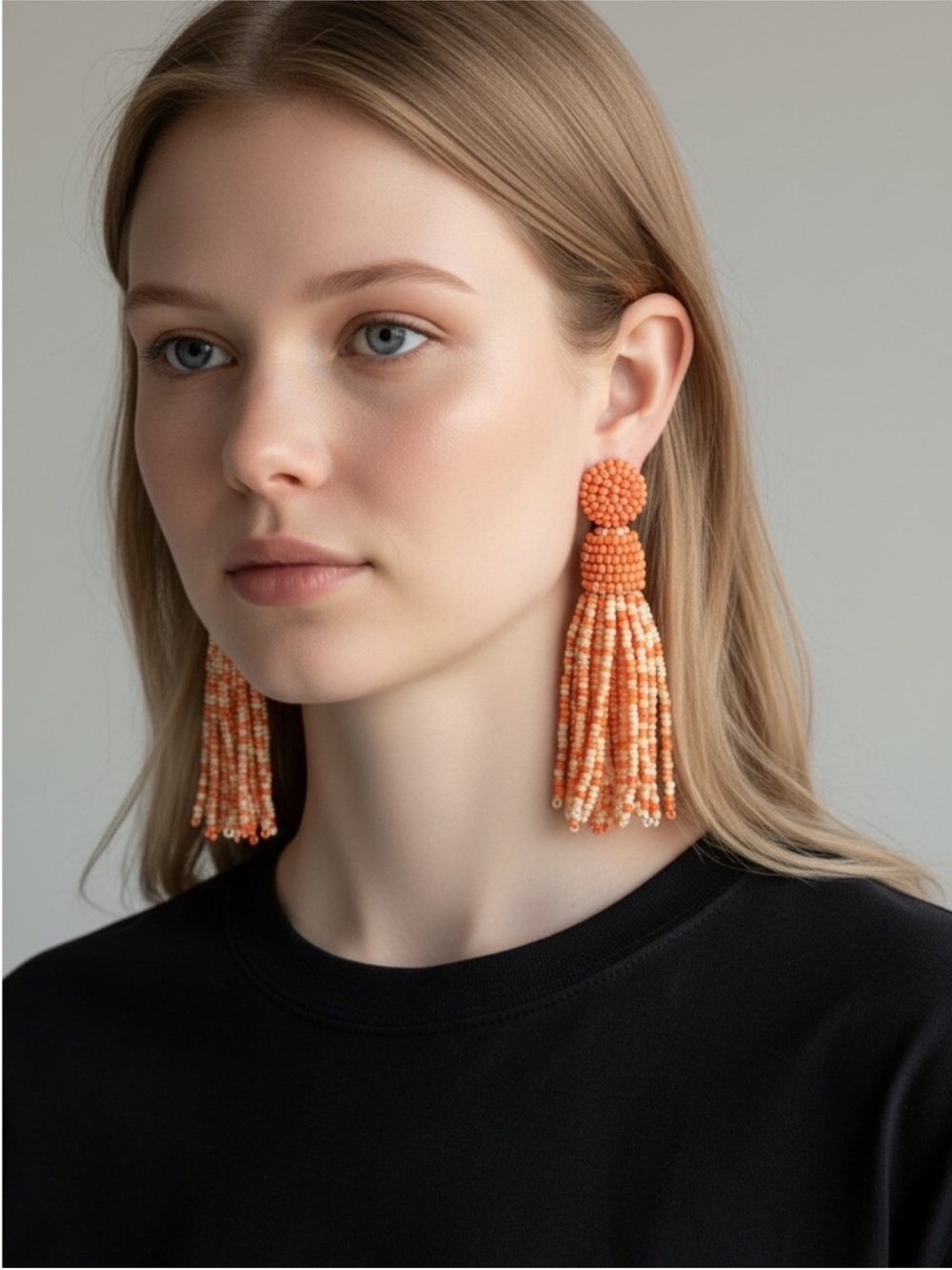 Beaded Tassel Drop Earrings - Orange